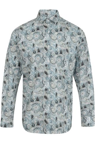 Silver & Blue Paisley Floral Print Regular Fit Cotton Shirt