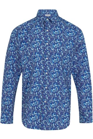 Royal Blue Floral Print Regular Fit Cotton Shirt
