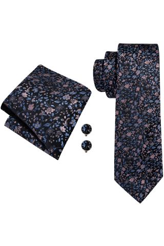 Mens Black & blue Floral 100% silk pocket square, cufflink and tie set