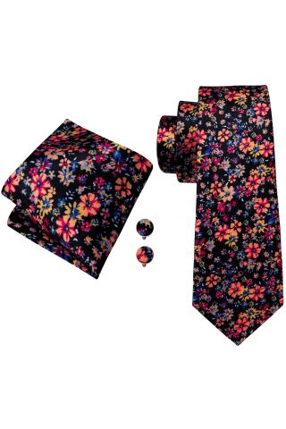 Mens Black Floral 100% silk pocket square, cufflink and tie set