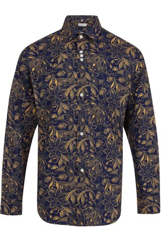 Navy & Gold Paisley Floral Print Regular Fit Cotton Shirt