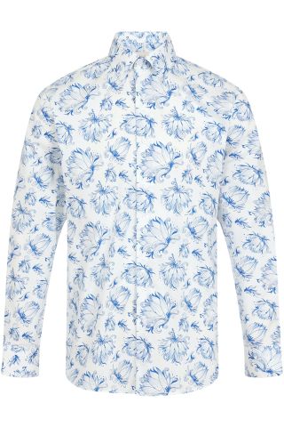 Blue & White Floral Print Regular Fit 100% Cotton Shirt