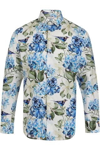 White & Blue Floral Printed Regular Fit Cotton Shirt