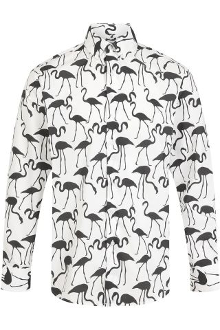 Black & White Flamingo Bird Print Regular Fit 100% Cotton Shirt