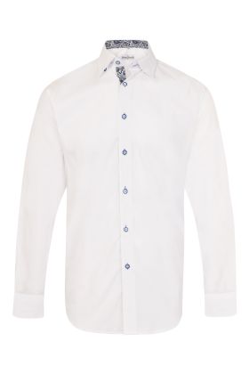 Plain White Regular Fit Shirt with Blue Paisley Trim 