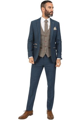 Marc Darcy Dion Blue Three Piece Tweed Suit with Contrasting Ted Single Breasted Waistcoat 