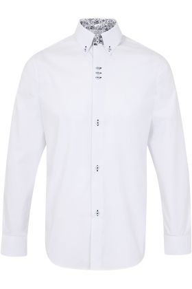  White Regular Fit 100% Cotton Shirt with Navy Button Down Collar 