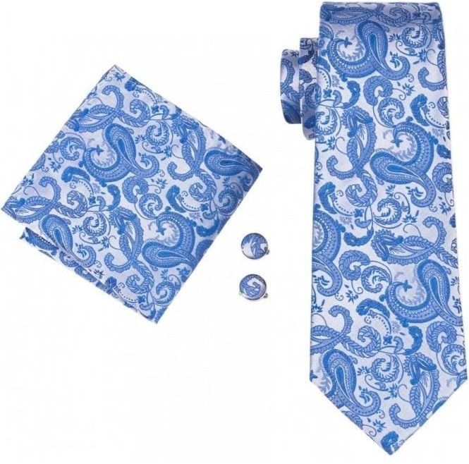 Mens Blue Paisley 100% silk pocket square, cufflink and tie set