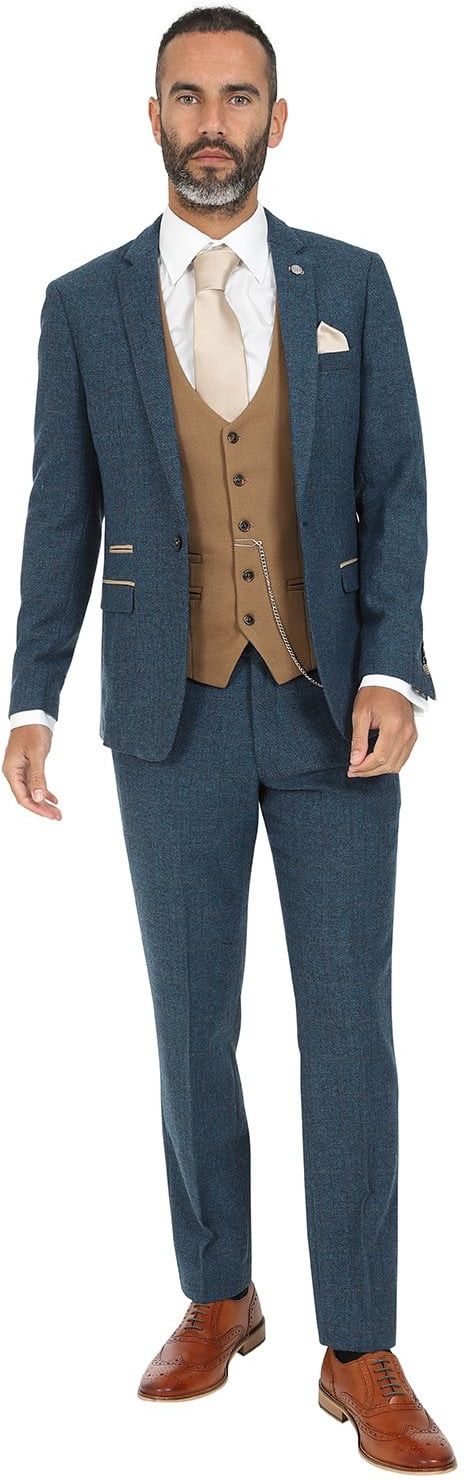 Marc Darcy Dion Blue Three Piece Tweed Suit with Kelvin Oak Waistcoat