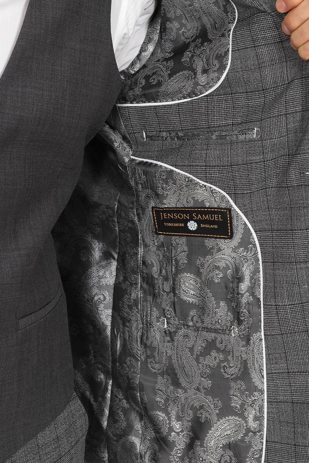 Jenson Samuel York Grey Check Three Piece Suit with Contrast Waistcoat