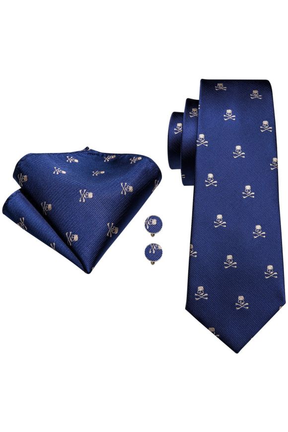 Blue Skull & cross bone pocket square, Cufflink and wedding tie set