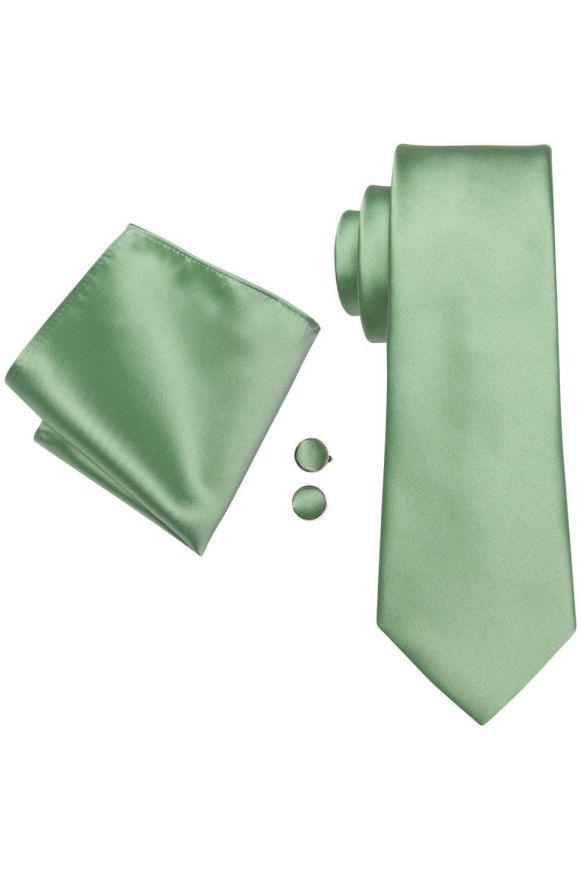 Pale Pastel green silk tie, pocket square & cufflink set