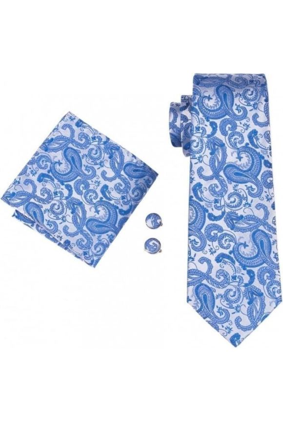 Mens Blue Paisley 100% silk pocket square, cufflink and tie set